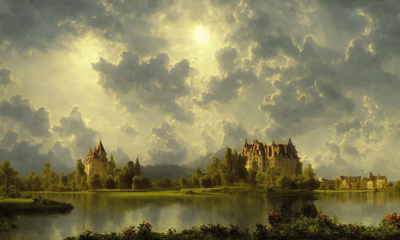Prompt: beautiful illustration of chateau in a serene landscape, by albert bierstadt, magic realism, narrative realism, beautiful matte painting, heavenly lighting, retrowave, 4 k hd wallpaper