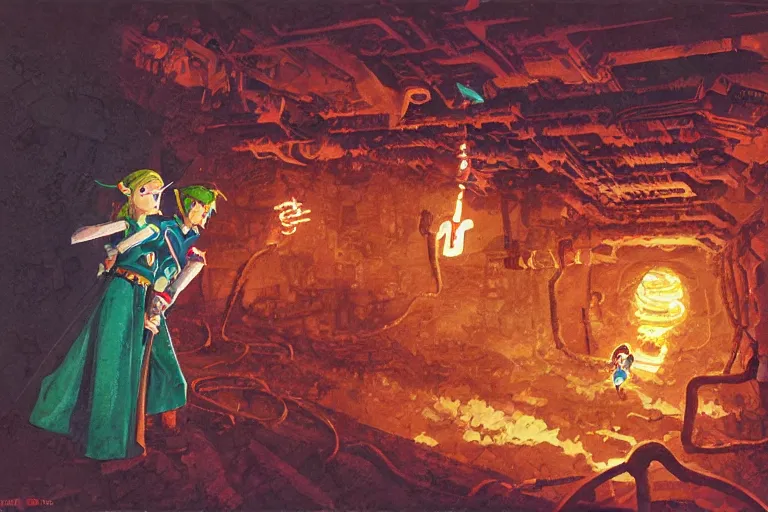 Image similar to illustration of zelda and link exploring a underground lava labyrinth, pipes, string lights, by John Berkey, fisheye lens