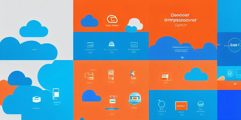 Prompt: Personal Computer, Server, Cloud Server. Minimalistic design, contemporary design, infographics. Logo. Blue, cyan and orange palette. Vivid, 8K, Epic, Masterpiece