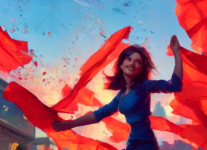 Prompt: closeup of gorgeous inspiring girl enthusiastically waving a red flag over her head dancing with celebrating crowd in a Mandelbrot fractal bustling modern Damascus by Craig Mullins, ilya kuvshinov, krenz cushart, artgerm trending on artstation by Edward Hopper and Dan Mumford and WLOP and Rutkovsky, Unreal Engine 5, Lumen, Nanite