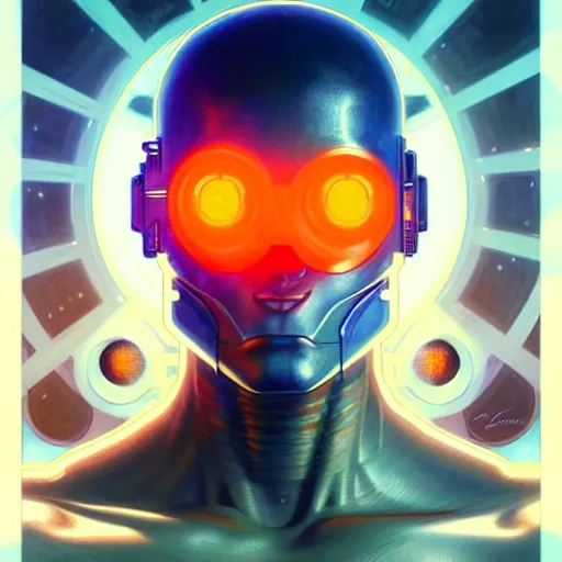 Image similar to cyborg, male, orange eyes, blue diodes, science fiction, highly detailed, digital painting, beautiful eyes, symmetry, concept art, sharp focus, illustration, art by artgerm and greg rutkowski and magali villeneuve and ilya kuvshinov! : : alphonse mucha : : - 0. 2