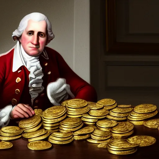 Image similar to a closeup photorealistic photograph of a happy George Washington inspecting small gold Doubloon coins at his home on Cherry Street. This 4K HD image is Trending on Artstation, featured on Behance, well-rendered, extra crisp, features intricate detail and the style of Unreal Engine.