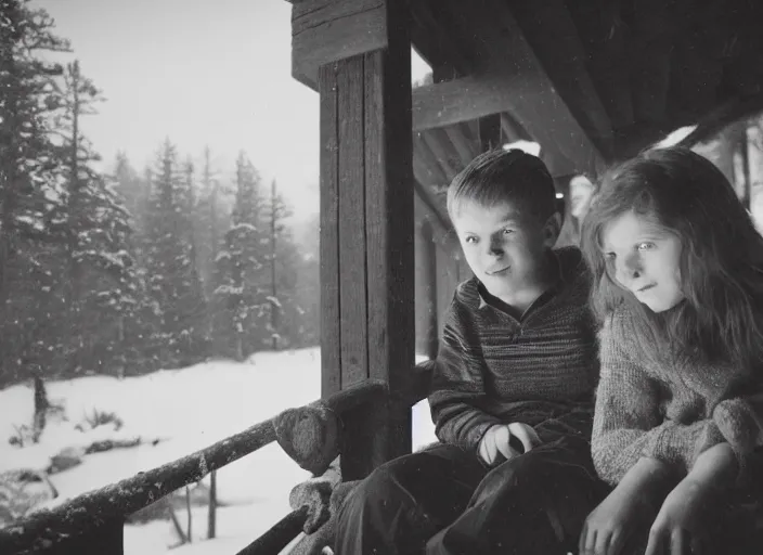 Prompt: a vintage photo of a boy and a girl with long flowing auburn hair sitting together on the porch of a cabin on a mountain overlooking a snowy landscape. atmospheric lighting, romantic, boy and girl, cold lighting, snowy.