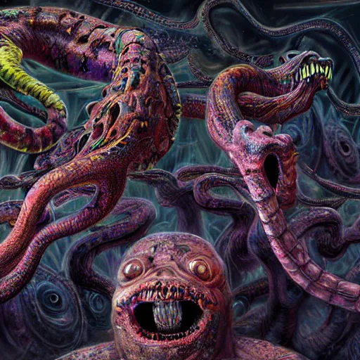 Image similar to a crazy and extraterrestrial hyper - detailed high painting of giant heads joined by snakes, the heads are open they have spiked scales and sharp teeth, the mouth is open and monstrous beings of all kinds run and scream, psychedelic horror surreal art cosmic horror weird bizarre art, cry engine octane render