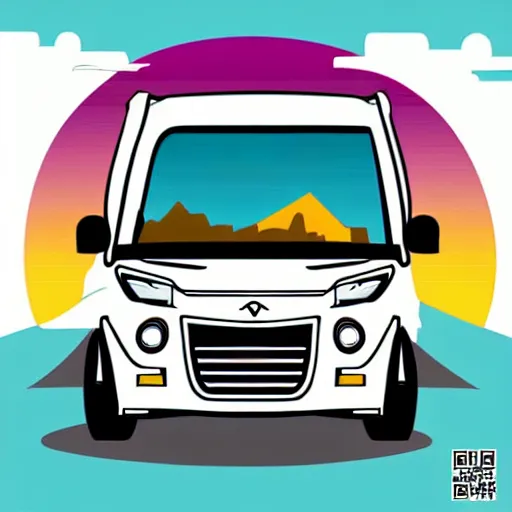 Prompt: a white and black cute thor chateau! motorhome camper!!, highway, mountains and sunset!!, very happy, colorful minimal vector art sticker by tom whalen