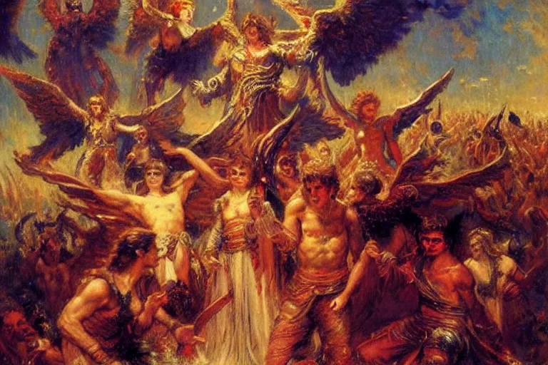 Image similar to lucifer rallying rebel angels in heaven. art by gaston bussiere.