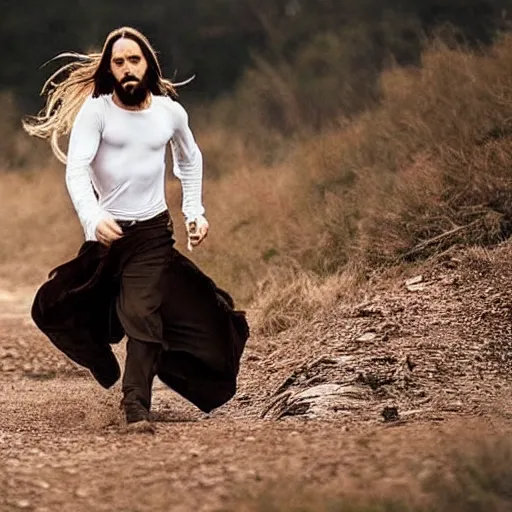 Image similar to Jesus Christ with super long hair running ,beautiful composition and shot