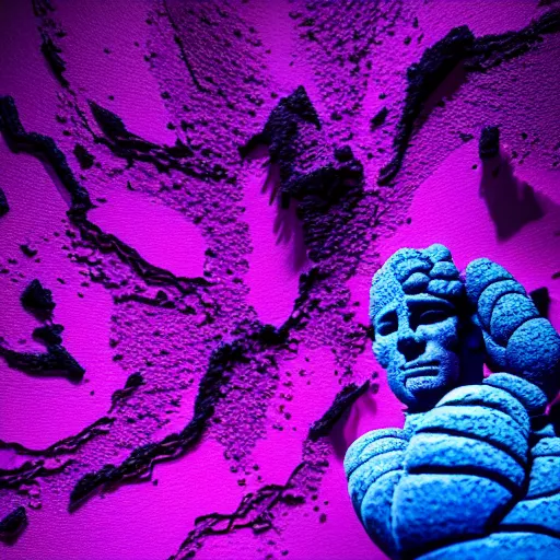 Image similar to 3D statue!!!, purple shattered paint!, glowing lava!!!, (((conglomerate!, slush)), abstract!, black backdrop!, 4k!, award-winning photo!!!!