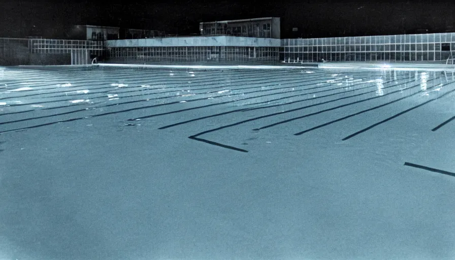 Prompt: 1 9 6 0 s movie still of an empty blue and yellow tiles municipal swimmingpool, security cam night vision footage, liminal space style