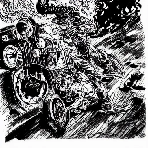 Image similar to hells angel biker riding through a burning street, intricate ink drawing, highly detailed in the style of Ashley Wood