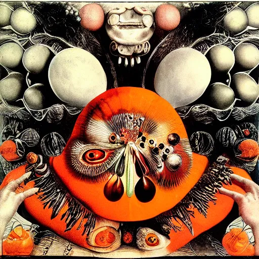 Image similar to album cover, new age, black, white, orange, psychedelic, giuseppe arcimboldo