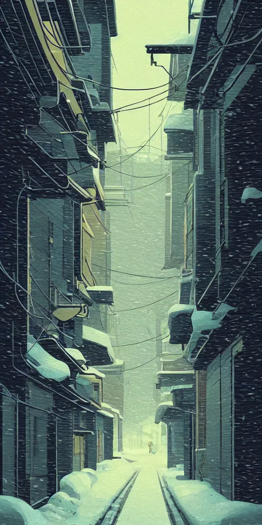 Image similar to tokyo alleyway, snowy day, lights, by cory loftis, makoto shinkai, hasui kawase, james gilleard, beautiful, serene, peaceful, lonely, golden curve composition