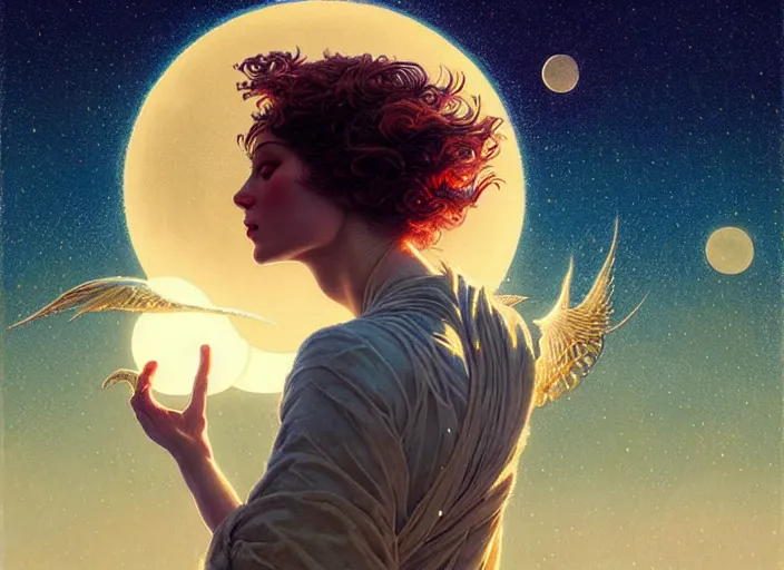 Prompt: the sky is crowded with sun pattern. a thousand identical moon in the sky, hyperrealism, no blur, ultra detailed, style of carlos schwabe, dariusz zawadzki, tom bagshaw, tom bagshaw, ismail inceoglu, robert mccall
