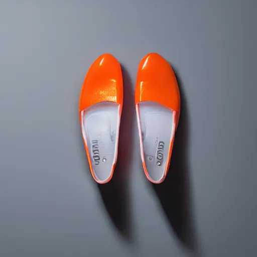 Image similar to an ultra high definition professional studio photograph, 5 0 mm f 1. 4 iso 1 0 0. the photo is set in a plain white room with a plain white plinth centrally located. the photo depicts a fashionable jelly shoe. the colour of the jelly shoe is orange.