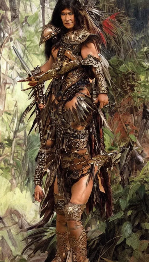 Prompt: Very strong female fantasy fighter from native american descent wearing a bronze cuirass and black leather armor with bronze details, looking very very dangerous, sharp focus, highly detailed, fierce, killing a gigantic beast, set in the jungle, dynamic colors, super beautiful colors!!, painterly illustration by Greg Rutkowksi or Stepan Alekseev or Alphonse Mucha, oil colors, artwork trending on artstation