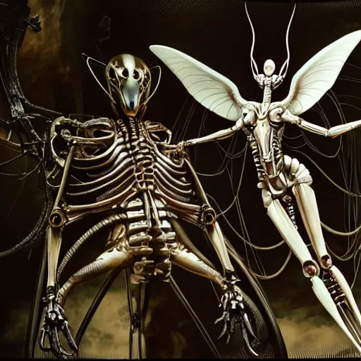 Image similar to still frame from Prometheus movie by Makoto Aida, biomechanical angel gynoid by giger, mimicking devil's dragon flower mantis, metal couture by neri oxmn and Guo pei, editorial by Malczewski and by Caravaggio