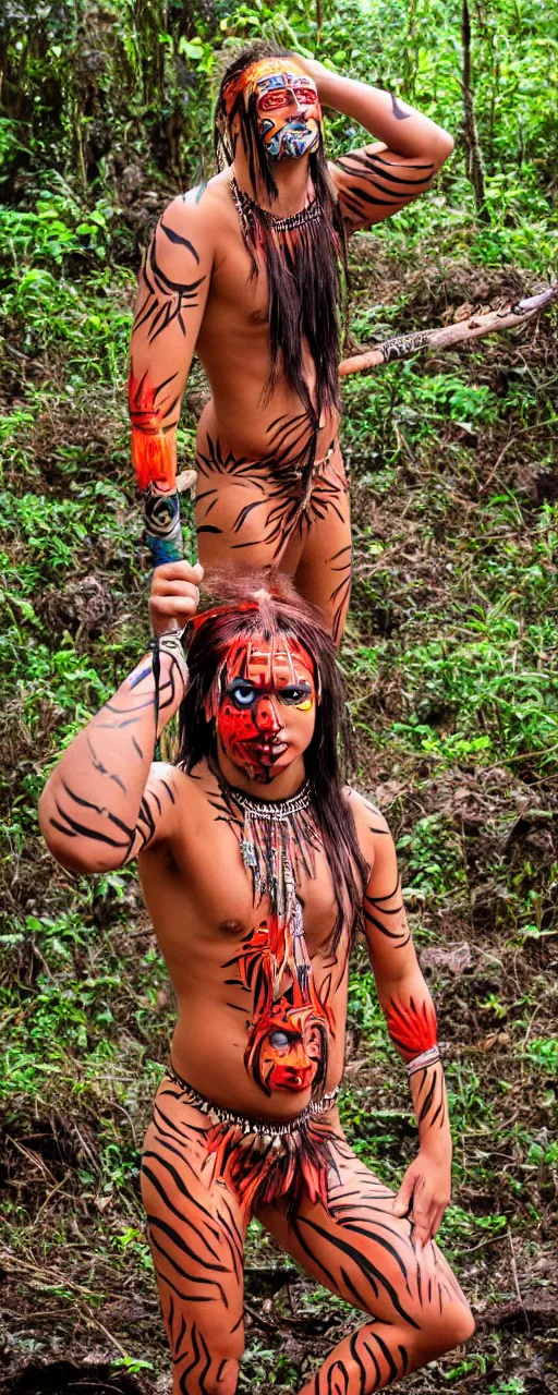 Image similar to teenager, flaming hair, indigenous body paint, Amazon indigenous ornaments, Amazon tribes clothing, Amazon rainforest background, crescent moon, night, angry, red eyebrows, action pose, holding spear, anime artstyle