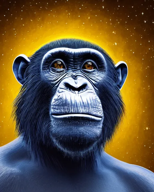 Image similar to blue, gold, very detailed high resolution illustration portrait of a chimpanzee, backlit, night covered in stars, 3 d, 8 k, extremely detailed, artstation, award winning, sharp focus, illustration