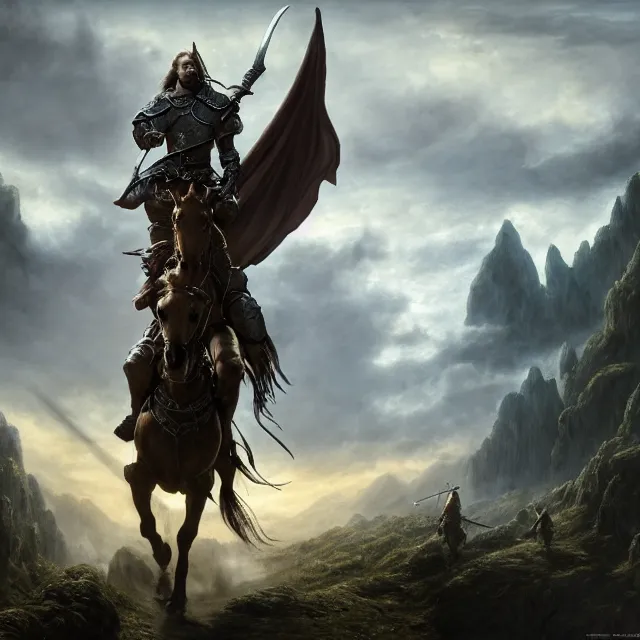 Image similar to a warrior on horseback holding a sword fighting a dragon, fantasy composition, medieval adventurers in lord of the rings scenery landscape, magic portal in the sky, highly detailed, cinematic lighting, perfect composition, 4 k, gustave dore, derek zabrocki, greg rutkowski, belsinski, octane render, dark fantasy, intricate, elegant, highly detailed