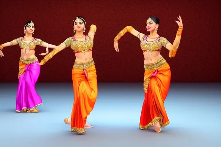 Image similar to still photo of bollywood dancers dancing, wearing silk cloth in whole body, highly detailed, photorealistic portrait, bright studio setting, studio lighting, crisp quality and light reflections, unreal engine 5 quality render