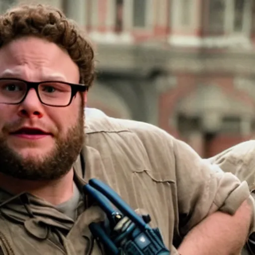 Image similar to Seth Rogen as a Ghostbuster in the movie Ghostbusters