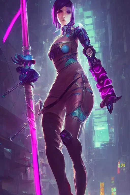 Image similar to fiora from league of legends, cyberpunk futuristic neon. fencing, long sword in her hand, decorated with traditional japanese ornaments by ismail inceoglu dragan bibin hans thoma greg rutkowski alexandros pyromallis nekro rene maritte illustrated, perfect face, fine details, realistic shaded, fine - face, pretty face, masterpiece