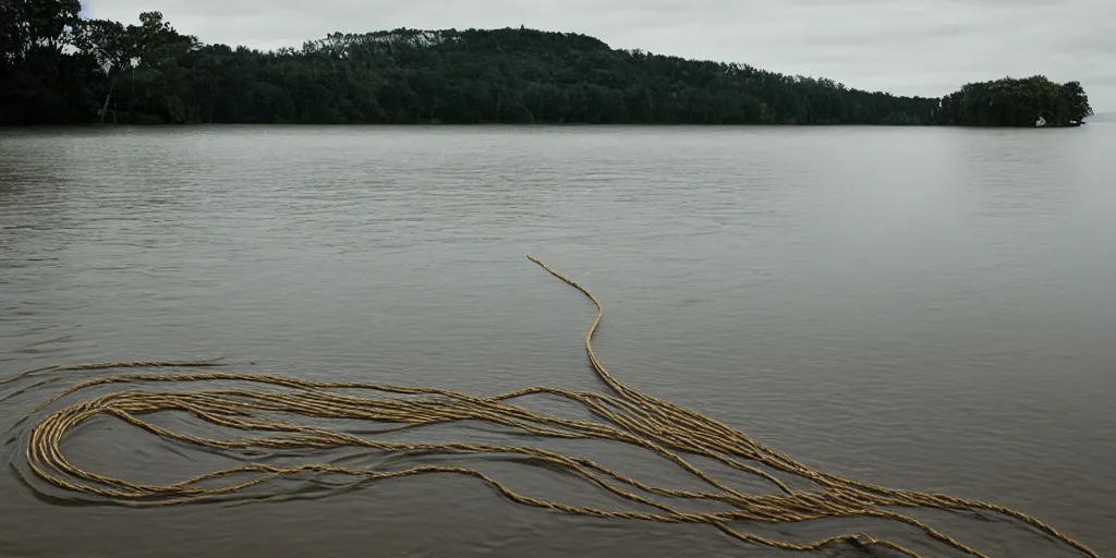 Prompt: centered photograph of a single line of big thick long beige rope floating on the surface stretching out to the center of the lake, a dark lake sandy shore on a cloudy day, color film, trees in the background, hyper - detailed color photo, anamorphic lens