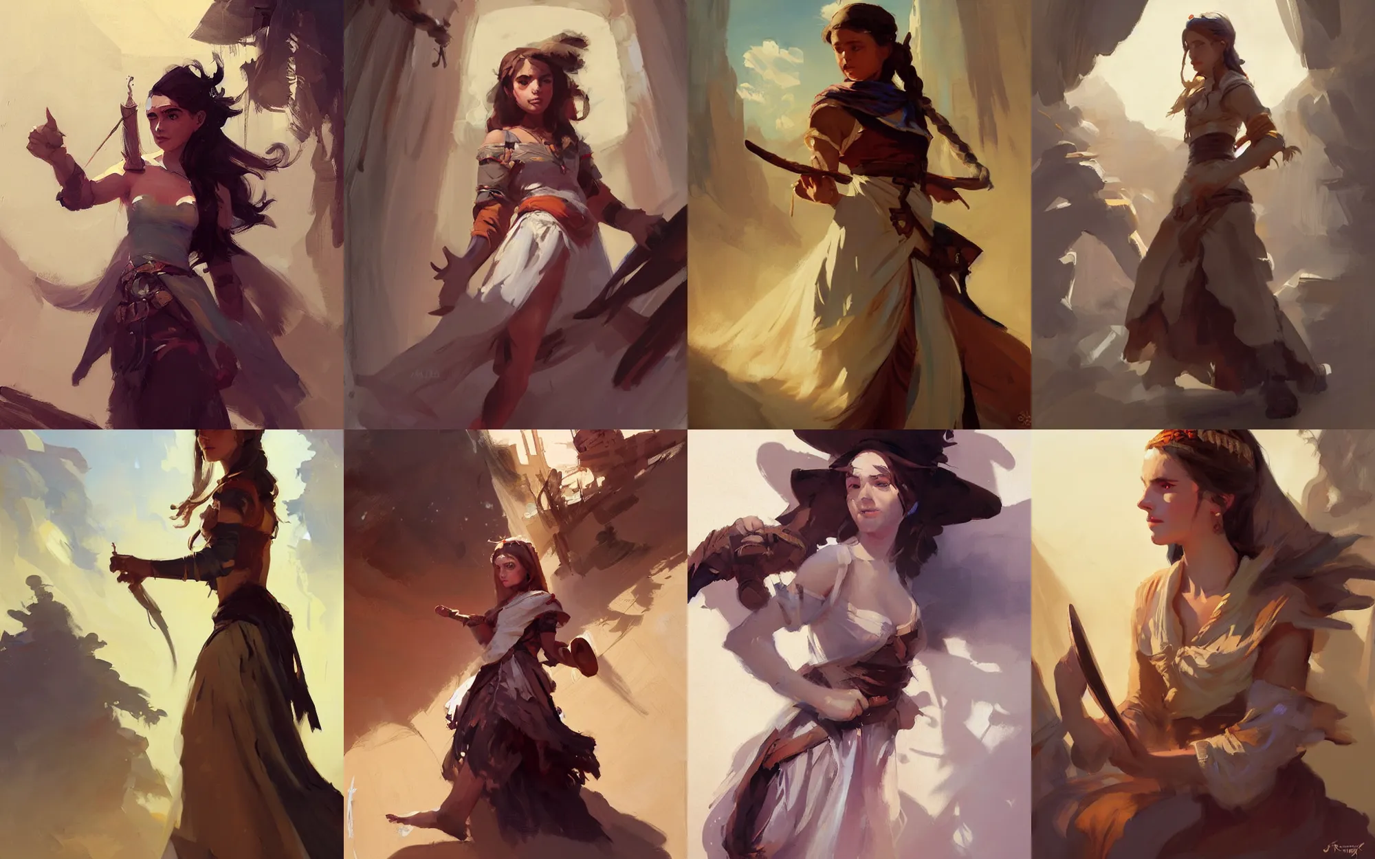 Prompt: portrait of nomad young girl in dress cloth greg manchess portrait painting of bard, d & d, fantasy, medium shot, asymmetrical, intricate, elegant, matte painting, illustration, hearthstone, by greg rutkowski, by greg tocchini, by james gilleard, by joe fenton