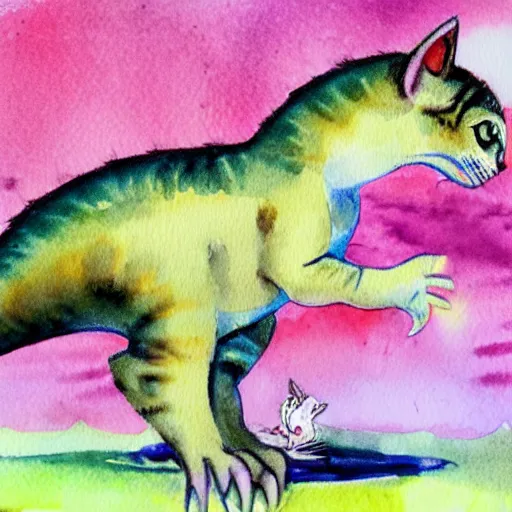 Image similar to a kitten dinosaur hybrid!!, watercolor painting