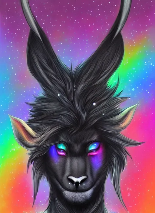 Prompt: award winning beautiful portrait commission of a male furry anthro Black Reindeer fursona with a tail, wings, wings, wings and a cute beautiful attractive detailed furry face wearing stylish black and rainbow galaxy clothes, outline, in a city at night while it rains. Character design by charlie bowater, ross tran, artgerm, and makoto shinkai, detailed, inked, western comic book art