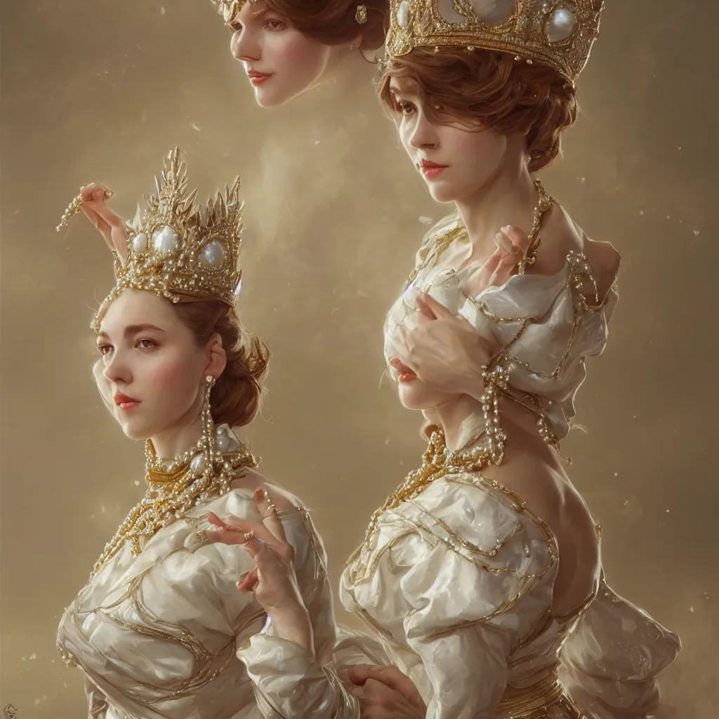 Image similar to a realistic queen with a cream and white decorated dress made of white pearls , highly detailed, digital painting, Trending on artstation , HD quality, by artgerm and greg rutkowski and alphonse mucha, dramatic light, octane