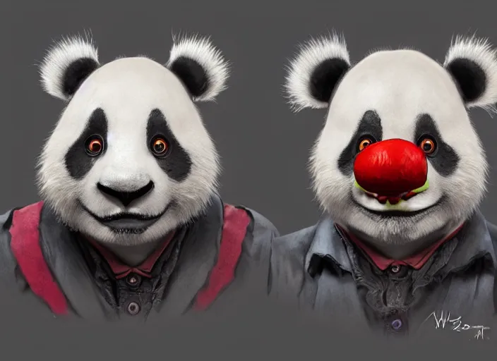 Prompt: award - winning detailed concept art of a strange creepy clown iconic anthropomorphic panda character wearing clown makeup. art by wlop on bcy. net, realistic. detailed feathers, art by cheng yi. artstationhd, artgerm, 3 dcg, pixar zootopia. 3 d rendering, high quality model sheet, disney. model sheet detailed