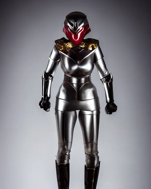 Image similar to realistic photo portrait of a metal hero sentai woman with human head, studio lighting, 1 5 0 mm