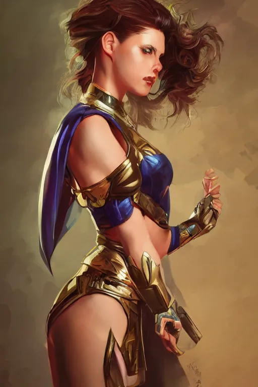 Image similar to three quarters portrait of a beautiful woman,super hero costume,heroic pose,highly detailed, digital painting,illustration, art by Stanley Lau