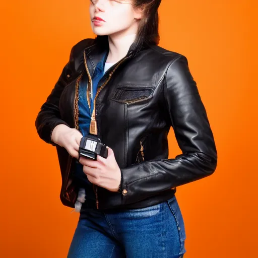 Prompt: a woman in black jacket and jeans holding a camera, a photo by Camille Souter, shutterstock, art photography, studio photography, stylish, black background