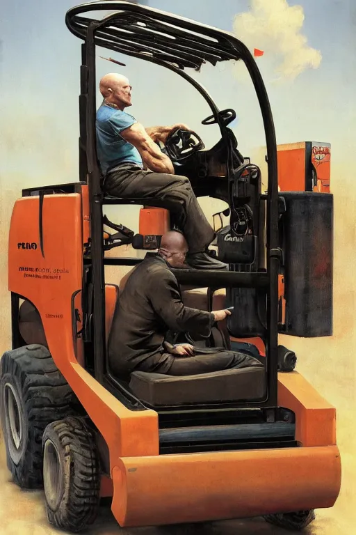 Image similar to a bald man driving a fork lift truck by Frank Frazetta, Ivan Aivakovsky, Boris Vallejo, epic character art, full length, Exquisite detail, post-processing, masterpiece, cinematic, 8k, ultra realistic, hyper detailed