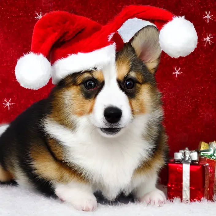 Prompt: cute corgi puppy dog wearing a christmas hat by koson ohara with a transparent background