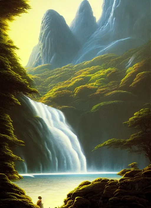 Image similar to a painting of a waterfall and a lake surrounded by mountains, a detailed matte painting by david a. hardy, featured on cgsociety, fantasy art, matte painting, 2 d game art, concept art