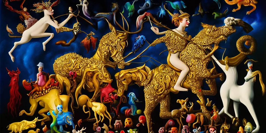 Image similar to the three imaginary fates pleasure dream adventure imaginary mythical animals love abstract oil painting by gottfried helnwein pablo amaringo raqib shaw zeiss lens sharp focus high contrast chiaroscuro gold complex intricate bejeweled