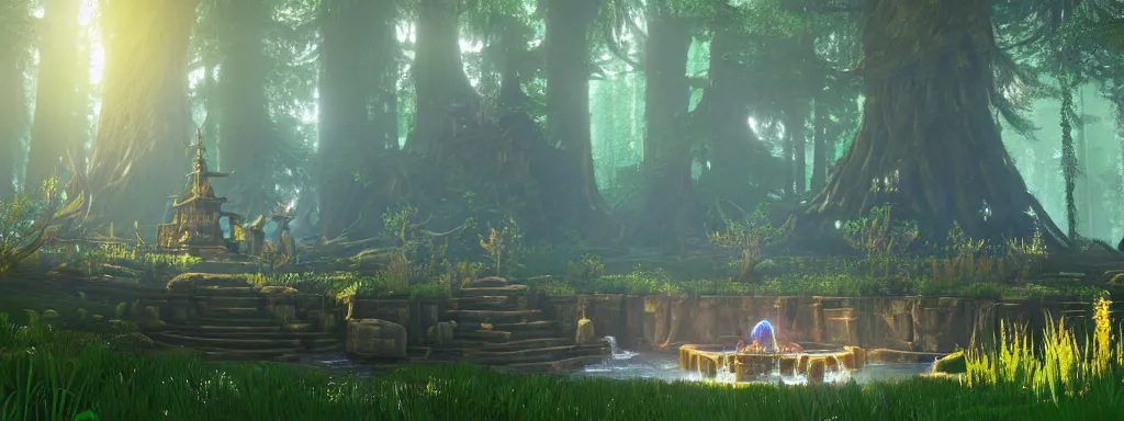 Prompt: matte painting of a magnificent ethereal wishing well in forest glade by Zelda breath of the wild, 8k, ultra hd