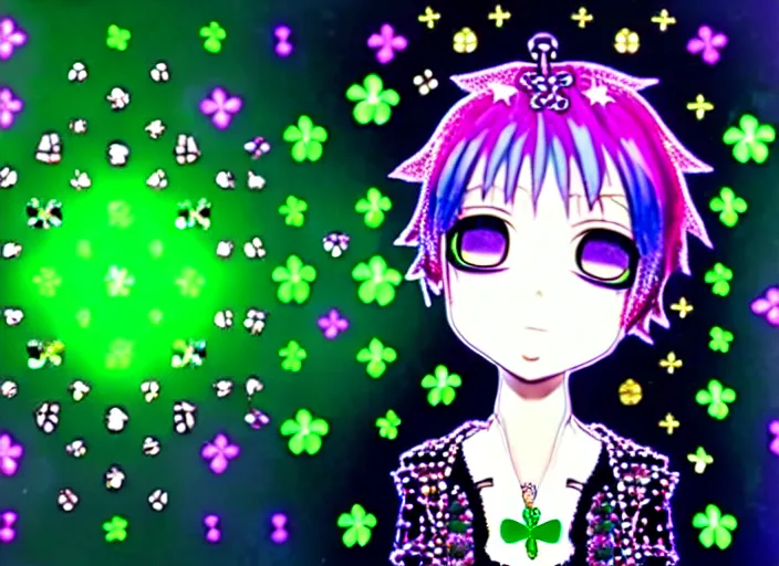 Image similar to baroque bedazzled gothic royalty frames surrounding a hologram of decora styled green haired yotsuba koiwai wearing a gothic spiked jacket, background full of lucky clovers, crosses, and shinning stars, holography, irridescent