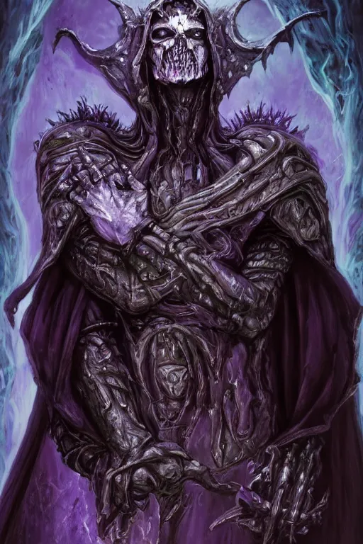 Prompt: portrait of hulking herculean ainz ooal gown undead lich, from overlord, warlock purple robes, magical electricity, upper body, fantasy, intricate, elegant, highly detailed, digital painting, artstation, concept art, sharp focus, illustration, art by luis royo, wayne barlowe, kirsi salonen, asya yoranova and alan lee