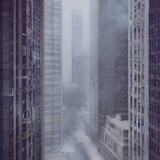 Image similar to modern loft overlooking central park in a blizzard, sketch over watercolor lines, artstation, pastels, octane, unreal engine, dynamic