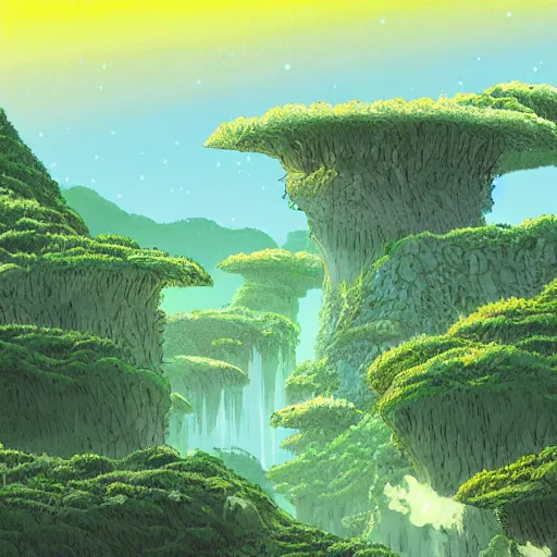 Image similar to illustration of a lush natural scene on an alien planet by studio ghibli. very detailed. beautiful landscape. weird vegetation. cliffs and water.