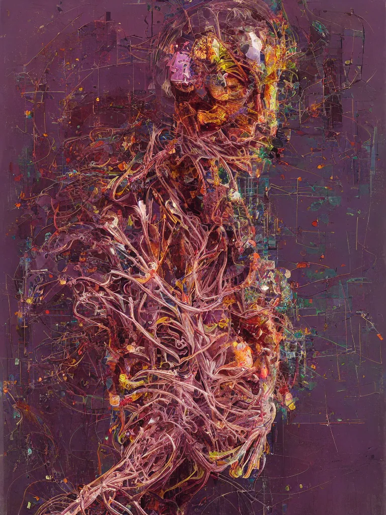 Prompt: a beautiful glitched painting by robert proch of an anatomy study of the human nervous system on colored square shapes by atelier olschinsky, color bleeding, pixel sorting, copper oxide and rust materials, brushstrokes by jeremy mann, cold top lighting, pastel purple background