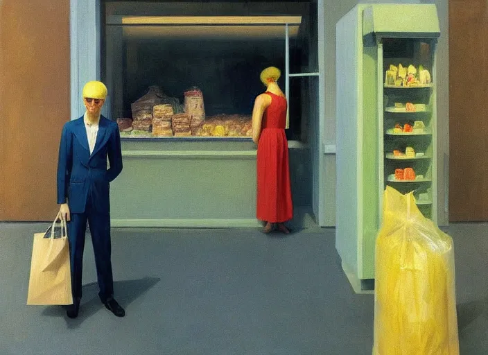 Prompt: man in a translucent dress made from plastic bag with paper bags for clothes standing inside paper bags with paper bag over the head at store in line for an ice cream cart display Edward Hopper and James Gilleard, Zdzislaw Beksinski, highly detailed