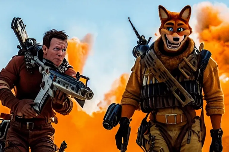 Image similar to nick wilde, heavily armed and armored facing down armageddon in a dark and gritty reboot from the makers of mad max : fury road