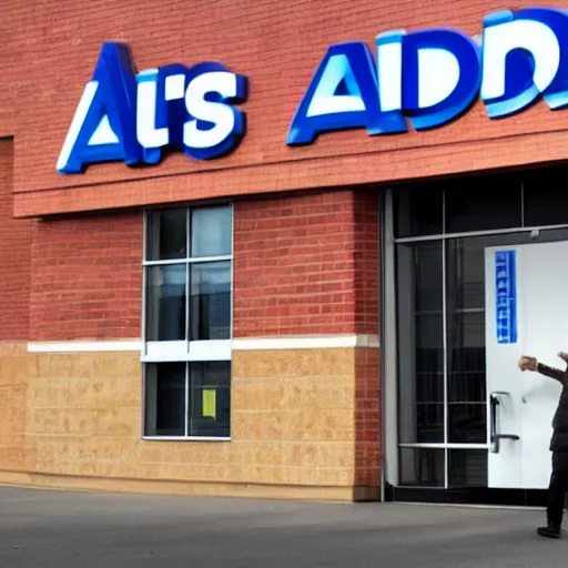 Image similar to a man terrified of entering an aldi supermarket, photo realistic