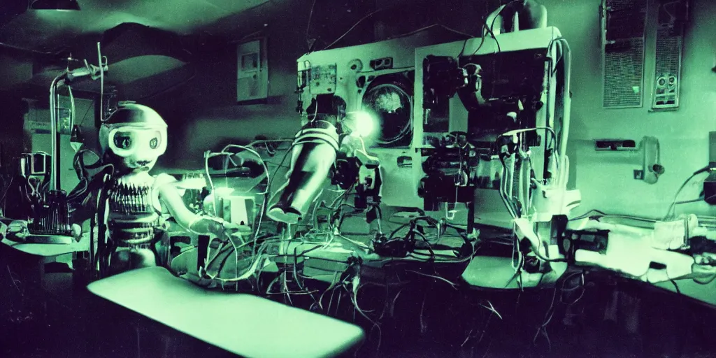 Image similar to a screaming mechanical monster child with a TV monitor head, inside of a 1970s science lab, neon lights, dirty, ektachrome photograph, volumetric lighting, f8 aperture, cinematic Eastman 5384 film