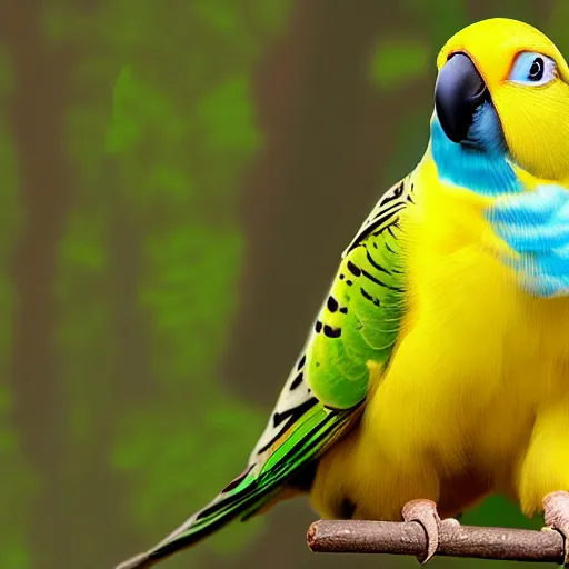 Image similar to Winnie the Pooh as a parakeet, budgie bird, high resolution photo